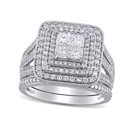 1.5 CT. T.W. Princess-Cut Quad Natural Diamond Triple Frame Split Shank Antique Vintage-Style Bridal Engagement Ring Set in Solid 14K White Gold
