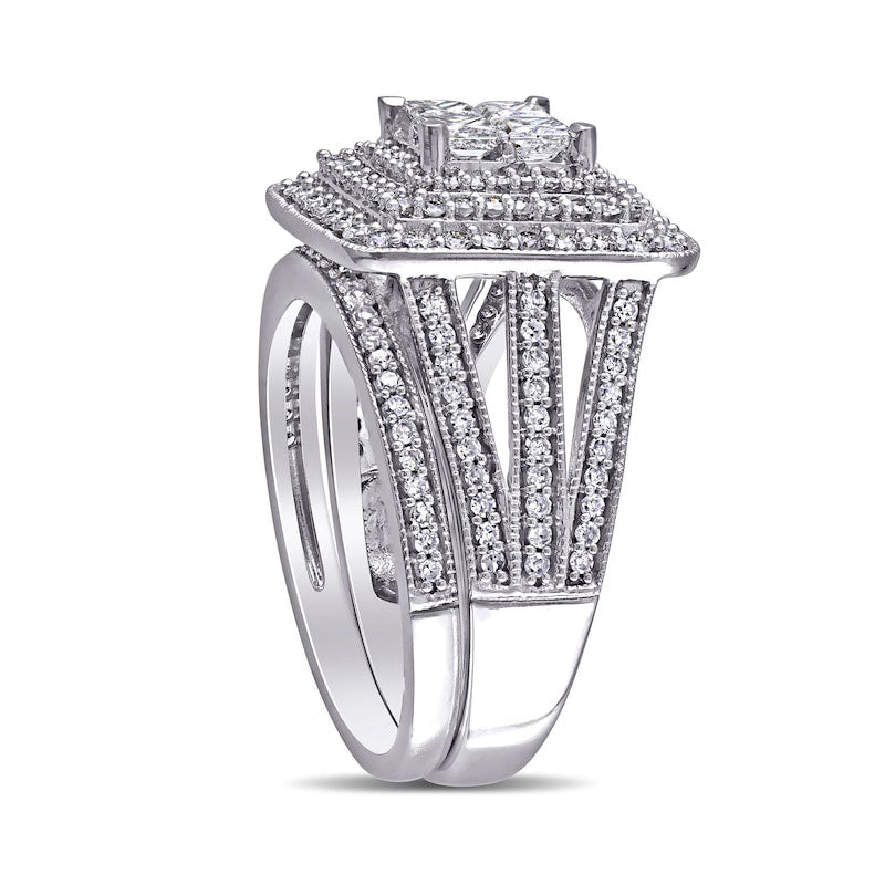 1.5 CT. T.W. Princess-Cut Quad Natural Diamond Triple Frame Split Shank Antique Vintage-Style Bridal Engagement Ring Set in Solid 14K White Gold