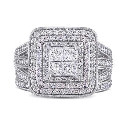 1.5 CT. T.W. Princess-Cut Quad Natural Diamond Triple Frame Split Shank Antique Vintage-Style Bridal Engagement Ring Set in Solid 14K White Gold