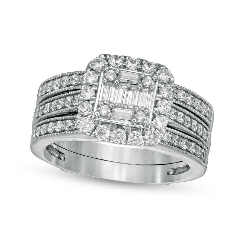 1.0 CT. T.W. Baguette and Round Natural Diamond Cushion Frame Bridal Engagement Ring Set in Solid 14K White Gold