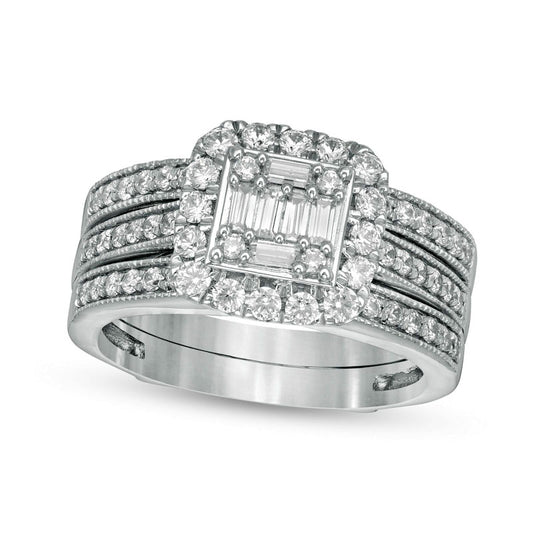 1.0 CT. T.W. Baguette and Round Natural Diamond Cushion Frame Bridal Engagement Ring Set in Solid 14K White Gold