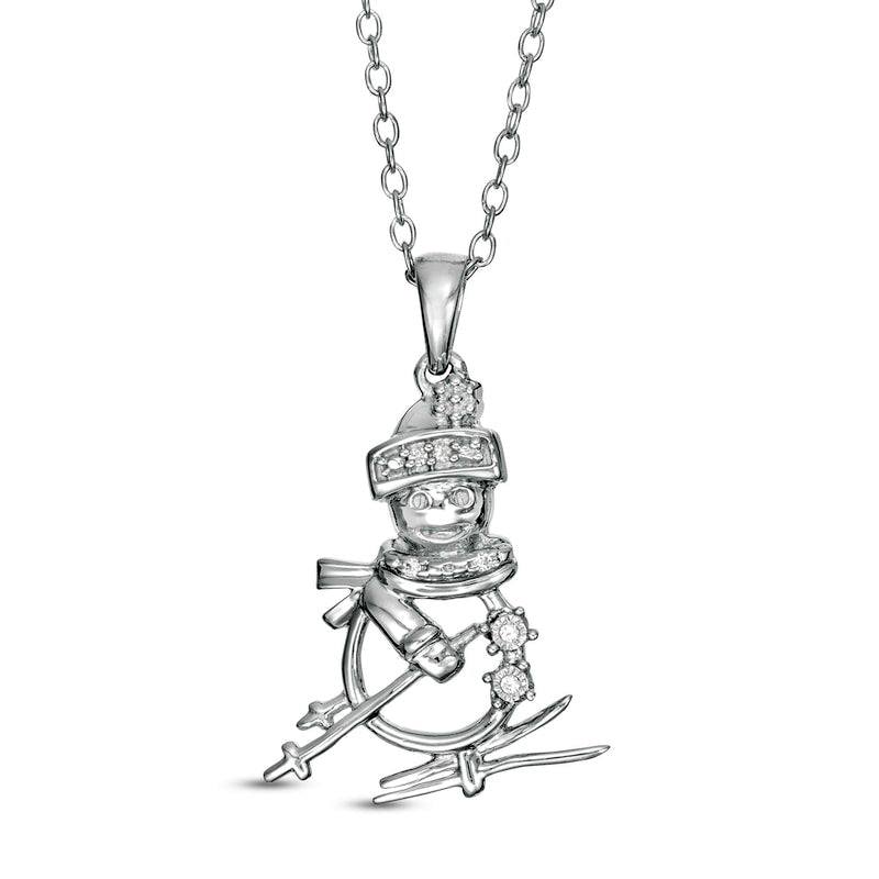 Natural Diamond Accent Skiing Snowman Pendant in Sterling Silver