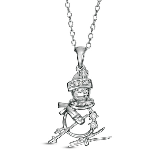 Natural Diamond Accent Skiing Snowman Pendant in Sterling Silver