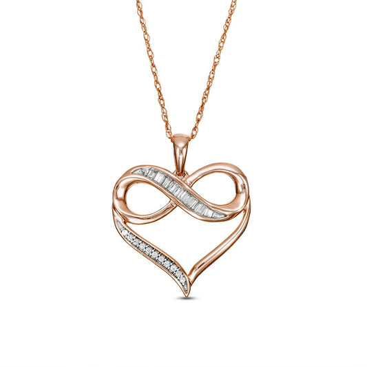 0.1 CT. T.W. Baguette and Round Natural Diamond Heart Outline with Infinity Pendant in 10K Rose Gold