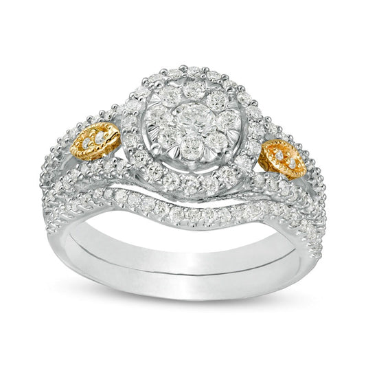 0.88 CT. T.W. Composite Natural Diamond Frame Split Shank Bridal Engagement Ring Set in Solid 14K Two-Tone Gold