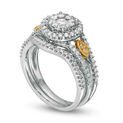 0.88 CT. T.W. Composite Natural Diamond Frame Split Shank Bridal Engagement Ring Set in Solid 14K Two-Tone Gold