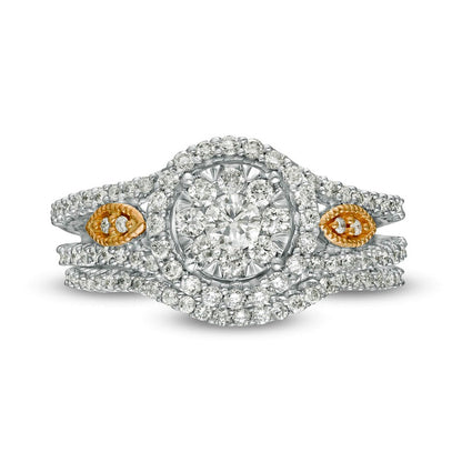 0.88 CT. T.W. Composite Natural Diamond Frame Split Shank Bridal Engagement Ring Set in Solid 14K Two-Tone Gold