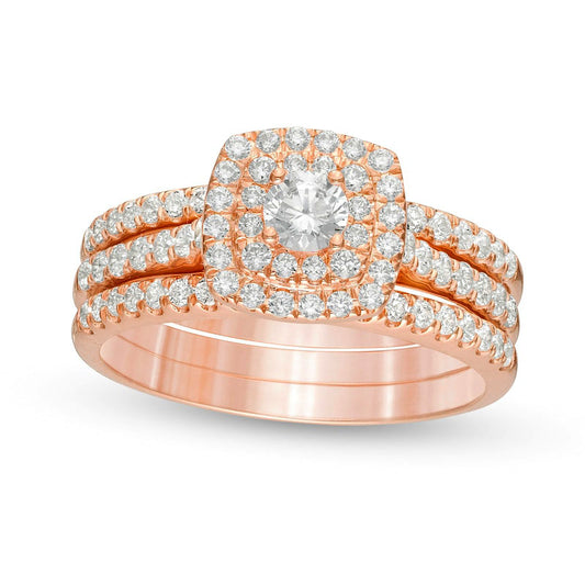 1.0 CT. T.W. Natural Diamond Double Cushion Frame Three Piece Bridal Engagement Ring Set in Solid 10K Rose Gold