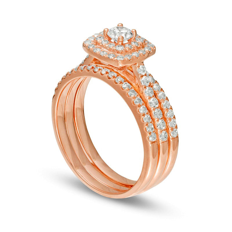 1.0 CT. T.W. Natural Diamond Double Cushion Frame Three Piece Bridal Engagement Ring Set in Solid 10K Rose Gold