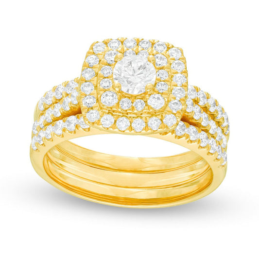 1.5 CT. T.W. Natural Diamond Double Cushion Frame Three Piece Bridal Engagement Ring Set in Solid 10K Yellow Gold