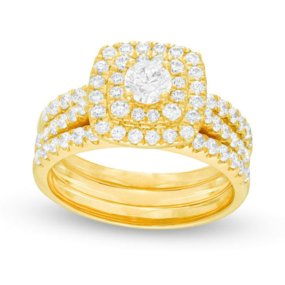 1.5 CT. T.W. Natural Diamond Double Cushion Frame Three Piece Bridal Engagement Ring Set in Solid 10K Yellow Gold