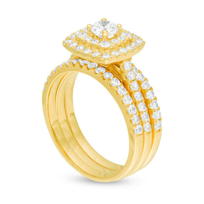 1.5 CT. T.W. Natural Diamond Double Cushion Frame Three Piece Bridal Engagement Ring Set in Solid 10K Yellow Gold