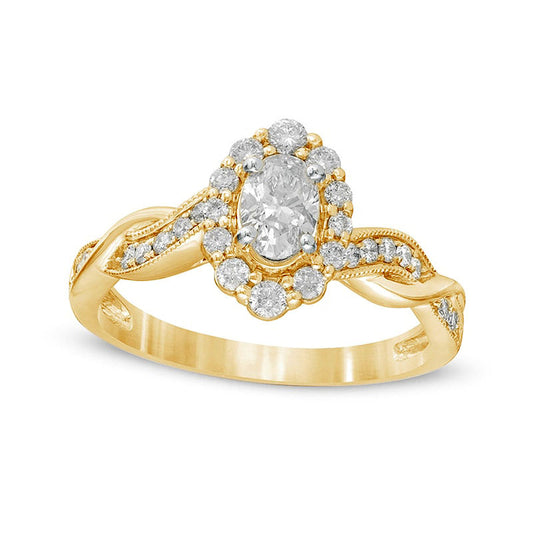 0.75 CT. T.W. Oval Natural Diamond Frame Twist Shank Antique Vintage-Style Engagement Ring in Solid 10K Yellow Gold
