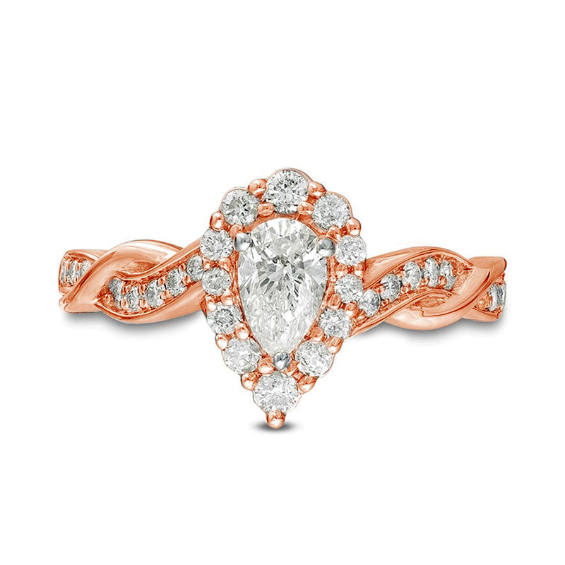 0.75 CT. T.W. Pear-Shaped Natural Diamond Frame Twist Shank Engagement Ring in Solid 10K Rose Gold