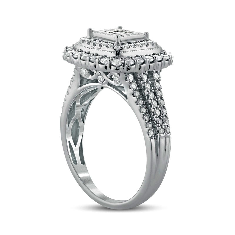 1.0 CT. T.W. Princess-Cut Quad Natural Diamond Double Square Frame Antique Vintage-Style Engagement Ring in Solid 10K White Gold