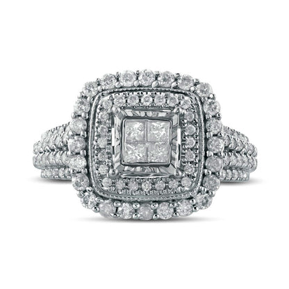 1.0 CT. T.W. Princess-Cut Quad Natural Diamond Double Square Frame Antique Vintage-Style Engagement Ring in Solid 10K White Gold