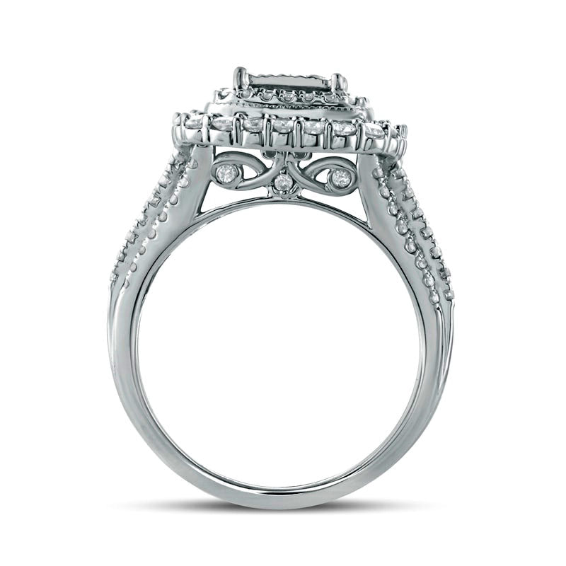 1.0 CT. T.W. Princess-Cut Quad Natural Diamond Double Square Frame Antique Vintage-Style Engagement Ring in Solid 10K White Gold