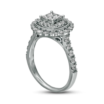 1.0 CT. T.W. Princess-Cut Quad Natural Diamond Cushion Frame Antique Vintage-Style Engagement Ring in Solid 14K White Gold