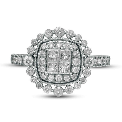 1.0 CT. T.W. Princess-Cut Quad Natural Diamond Cushion Frame Antique Vintage-Style Engagement Ring in Solid 14K White Gold