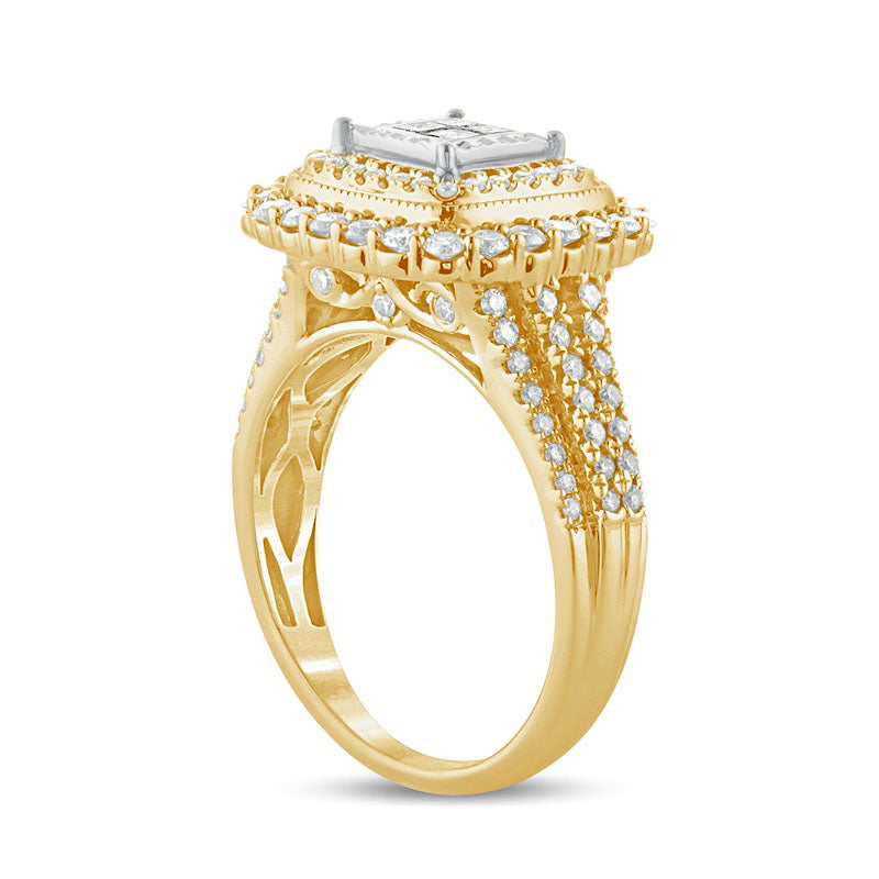 1.0 CT. T.W. Princess-Cut Quad Natural Diamond Double Square Frame Antique Vintage-Style Engagement Ring in Solid 10K Yellow Gold