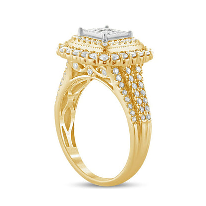 1.0 CT. T.W. Princess-Cut Quad Natural Diamond Double Square Frame Antique Vintage-Style Engagement Ring in Solid 10K Yellow Gold