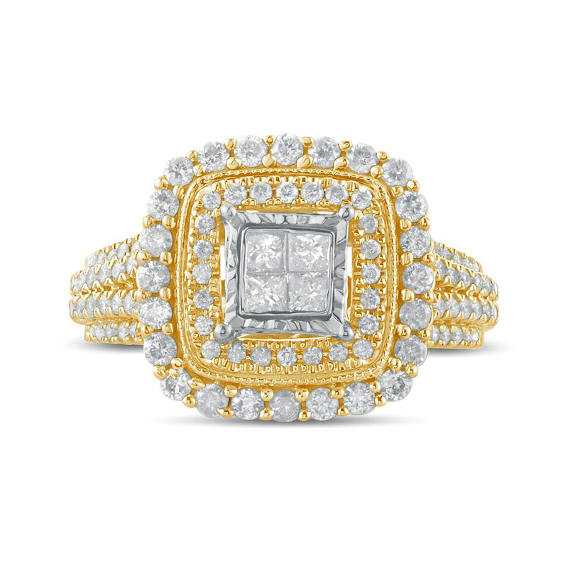 1.0 CT. T.W. Princess-Cut Quad Natural Diamond Double Square Frame Antique Vintage-Style Engagement Ring in Solid 10K Yellow Gold