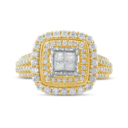 1.0 CT. T.W. Princess-Cut Quad Natural Diamond Double Square Frame Antique Vintage-Style Engagement Ring in Solid 10K Yellow Gold