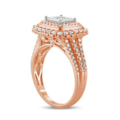 1.0 CT. T.W. Princess-Cut Quad Natural Diamond Double Square Frame Antique Vintage-Style Engagement Ring in Solid 10K Rose Gold