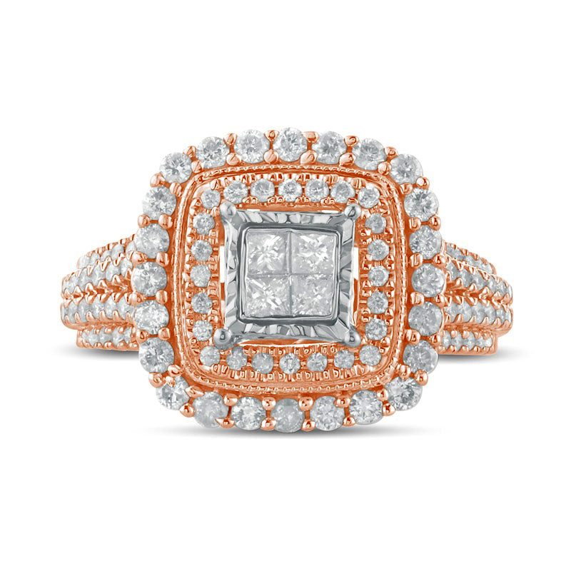 1.0 CT. T.W. Princess-Cut Quad Natural Diamond Double Square Frame Antique Vintage-Style Engagement Ring in Solid 10K Rose Gold