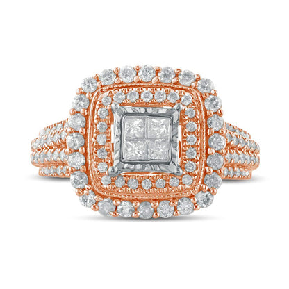 1.0 CT. T.W. Princess-Cut Quad Natural Diamond Double Square Frame Antique Vintage-Style Engagement Ring in Solid 10K Rose Gold