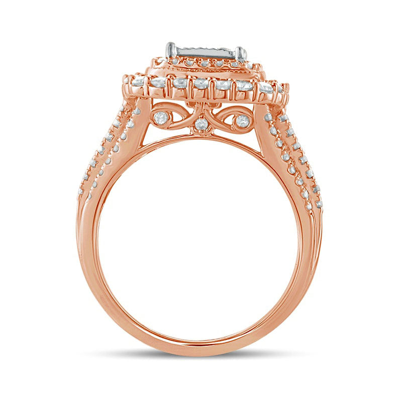 1.0 CT. T.W. Princess-Cut Quad Natural Diamond Double Square Frame Antique Vintage-Style Engagement Ring in Solid 10K Rose Gold