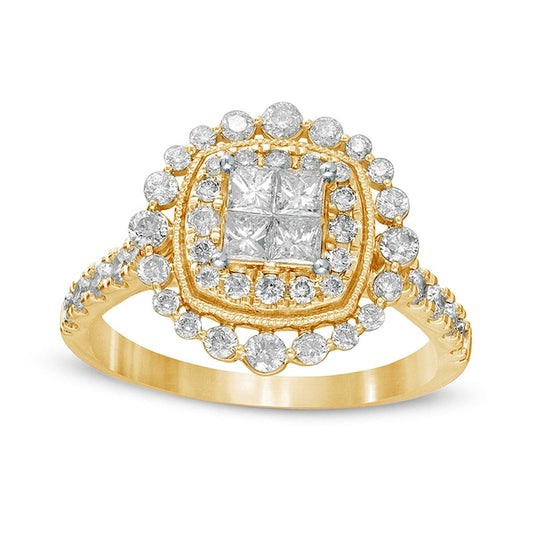 1.0 CT. T.W. Princess-Cut Quad Natural Diamond Cushion Frame Antique Vintage-Style Engagement Ring in Solid 14K Gold