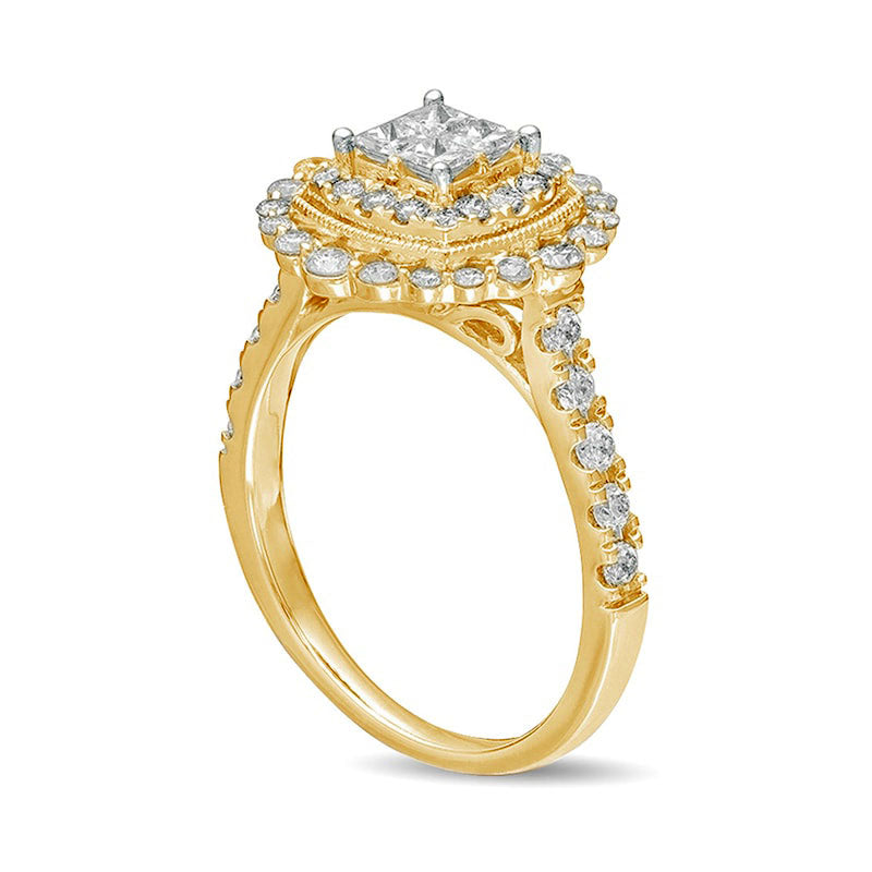 1.0 CT. T.W. Princess-Cut Quad Natural Diamond Cushion Frame Antique Vintage-Style Engagement Ring in Solid 14K Gold