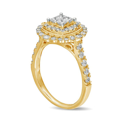 1.0 CT. T.W. Princess-Cut Quad Natural Diamond Cushion Frame Antique Vintage-Style Engagement Ring in Solid 14K Gold