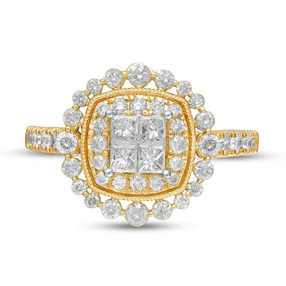 1.0 CT. T.W. Princess-Cut Quad Natural Diamond Cushion Frame Antique Vintage-Style Engagement Ring in Solid 14K Gold