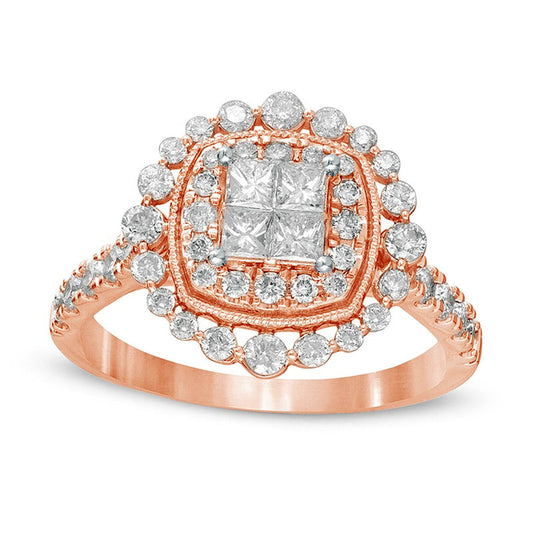 1.0 CT. T.W. Princess-Cut Quad Natural Diamond Cushion Frame Antique Vintage-Style Engagement Ring in Solid 14K Rose Gold