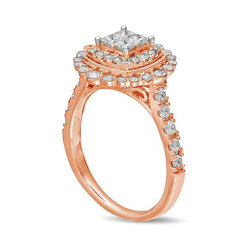 1.0 CT. T.W. Princess-Cut Quad Natural Diamond Cushion Frame Antique Vintage-Style Engagement Ring in Solid 14K Rose Gold
