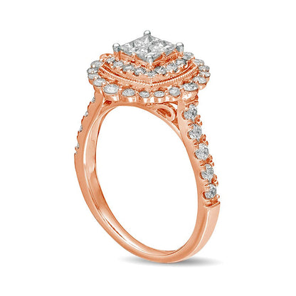 1.0 CT. T.W. Princess-Cut Quad Natural Diamond Cushion Frame Antique Vintage-Style Engagement Ring in Solid 14K Rose Gold