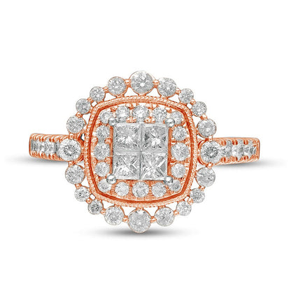 1.0 CT. T.W. Princess-Cut Quad Natural Diamond Cushion Frame Antique Vintage-Style Engagement Ring in Solid 14K Rose Gold