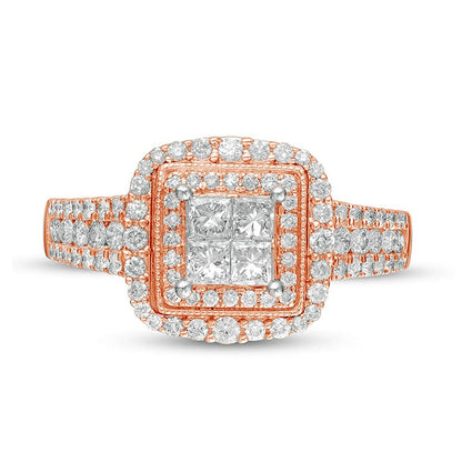 1.0 CT. T.W. Princess-Cut Quad Natural Diamond Square Frame Engagement Ring in Solid 14K Rose Gold