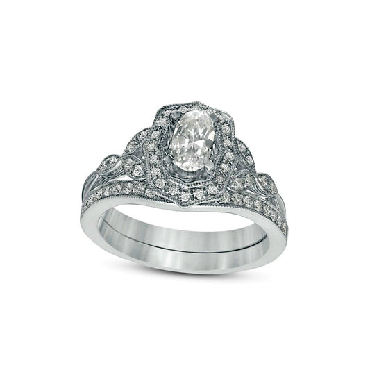0.88 CT. T.W. Oval Natural Diamond Ornate Frame Antique Vintage-Style Bridal Engagement Ring Set in Solid 14K White Gold