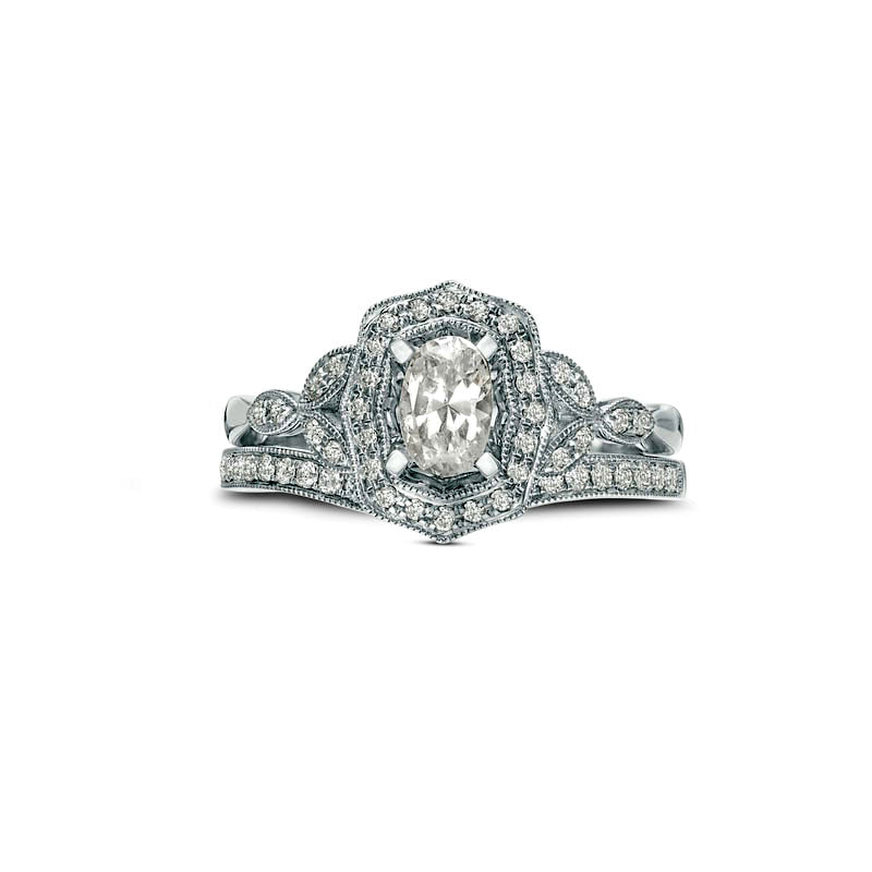 0.88 CT. T.W. Oval Natural Diamond Ornate Frame Antique Vintage-Style Bridal Engagement Ring Set in Solid 14K White Gold