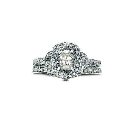 0.88 CT. T.W. Oval Natural Diamond Ornate Frame Antique Vintage-Style Bridal Engagement Ring Set in Solid 14K White Gold