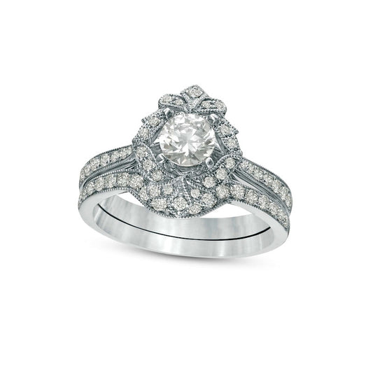 1.0 CT. T.W. Natural Diamond Ornate Frame Antique Vintage-Style Bridal Engagement Ring Set in Solid 14K White Gold