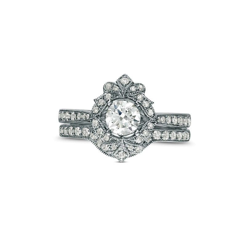 1.0 CT. T.W. Natural Diamond Ornate Frame Antique Vintage-Style Bridal Engagement Ring Set in Solid 14K White Gold