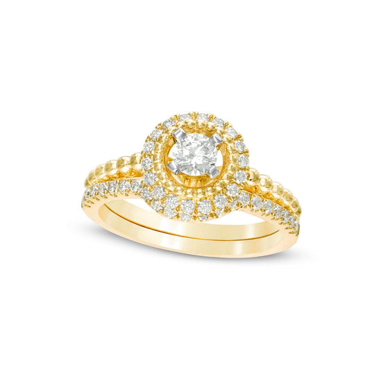 0.75 CT. T.W. Natural Diamond Frame Beaded Shank Bridal Engagement Ring Set in Solid 14K Gold