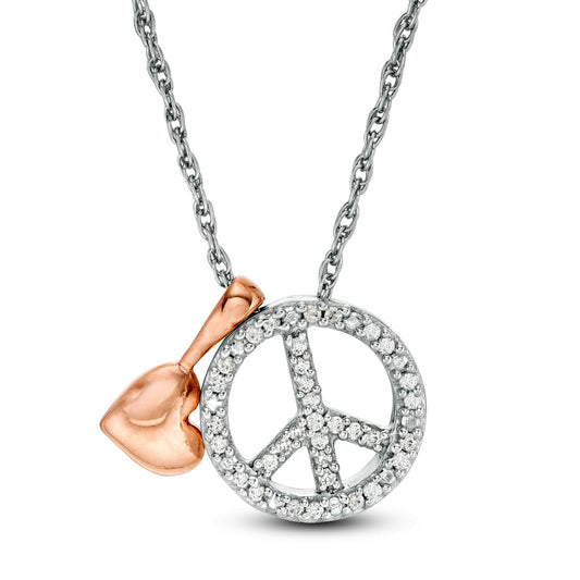 0.1 CT. T.W. Natural Diamond Peace Sign and Puffed Heart Charm Pendant in Sterling Silver and 10K Rose Gold