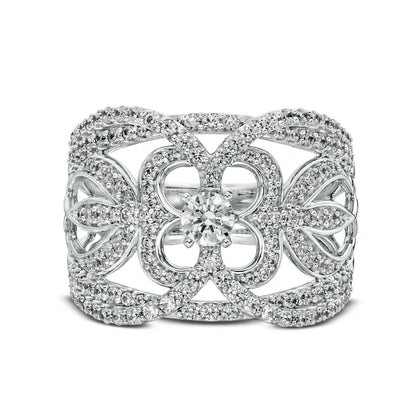 1.0 CT. T.W. Natural Diamond Ornate Flower Ring in Solid 10K White Gold