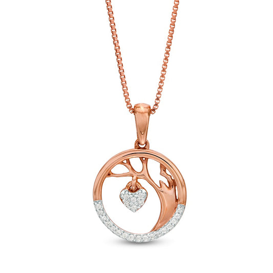 0.05 CT. T.W. Natural Diamond Tree of Life with Heart Charm Circle Pendant in Sterling Silver with 18K Rose Gold Plate