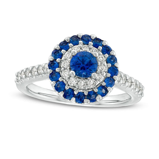 4.35mm Blue Sapphire and 0.33 CT. T.W. Natural Diamond Double Frame Ring in Solid 14K White Gold